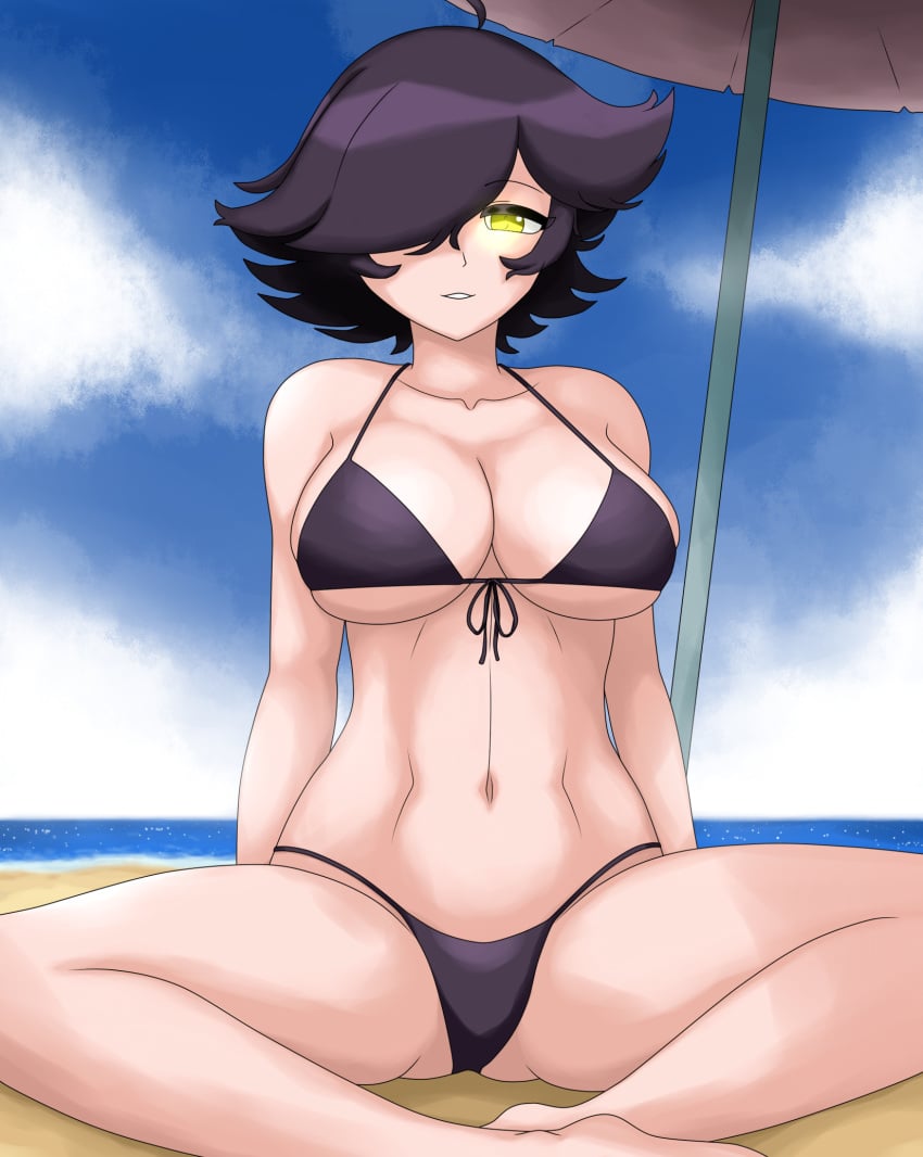 ale_131 arms_behind_back beach bikini black_bikini black_hair cleavage clouds day hair_over_one_eye highres karmavt latam_virtual_youtuber looking_at_viewer ocean open_legs owozu short_hair smiling_at_viewer virtual_youtuber yellow_eyes