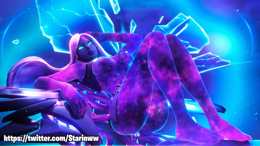 1girls 3d areolae ass blender breasts epic_games female female_focus female_only fortnite fortnite:_battle_royale galaxy galaxy_crossfade_(fortnite) glowing glowing_eyes hand_on_head highres looking_at_viewer medium_breasts nipples pose posing presenting presenting_pussy pussy pussy_lips pussy_peek sitting solo solo_focus starinww vagina watermark