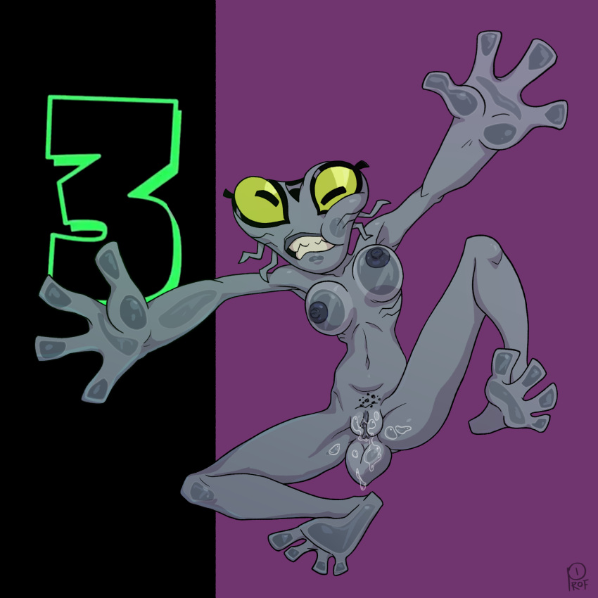 1:1 2023 against_surface alien alien_humanoid ben_10 ben_10_(classic) bodily_fluids breast_squish breasts cartoon_network female front_view full-length_portrait galvan_(ben_10) genital_fluids genitals green_eyes grey_body grey_matter grey_skin hi_res horizontal_pupils humanoid nipples not_furry nude on_glass portrait profannytea pupils pussy pussy_juice solo squish