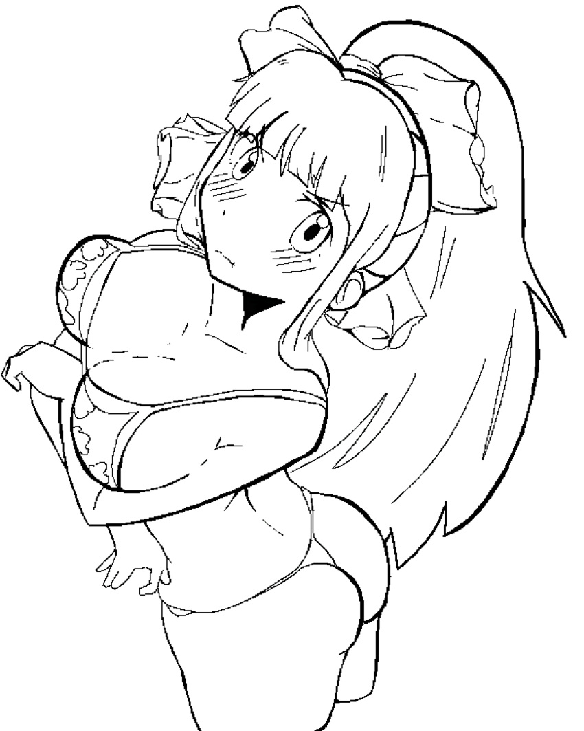 1girls artist_request ass big_ass big_breasts bikini black_and_white breast_hold breasts busty cleavage crossed_arms female female_only hair_ribbon large_breasts long_hair looking_at_viewer monochrome ponytail pout sakura_shinguji sakura_taisen sakura_wars sega sensual sketch solo thong_bikini