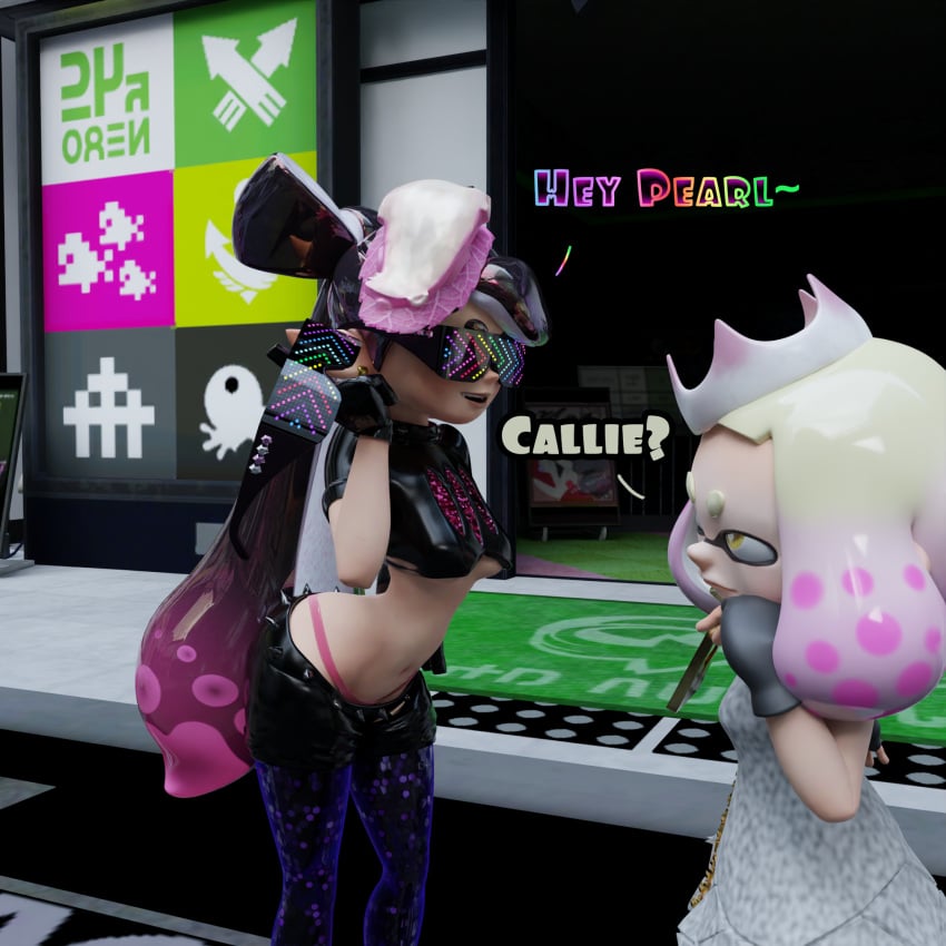 3d black_hair blender callie_(splatoon) earrings fossil3d glasses hypno_shades_(splatoon) hypnosis hypnotized_hypnotist light-skinned_female light_hair light_skin long_hair mind_control mole mole_under_eye mole_under_mouth multicolored_hair octo_callie pearl_(splatoon) pink_hair pointed_ears pointy_ears shades short_hair splatoon splatoon_2 sunglasses symbol-shaped_pupils tech_control tentacle_hair twintails white_hair yellow_eyes