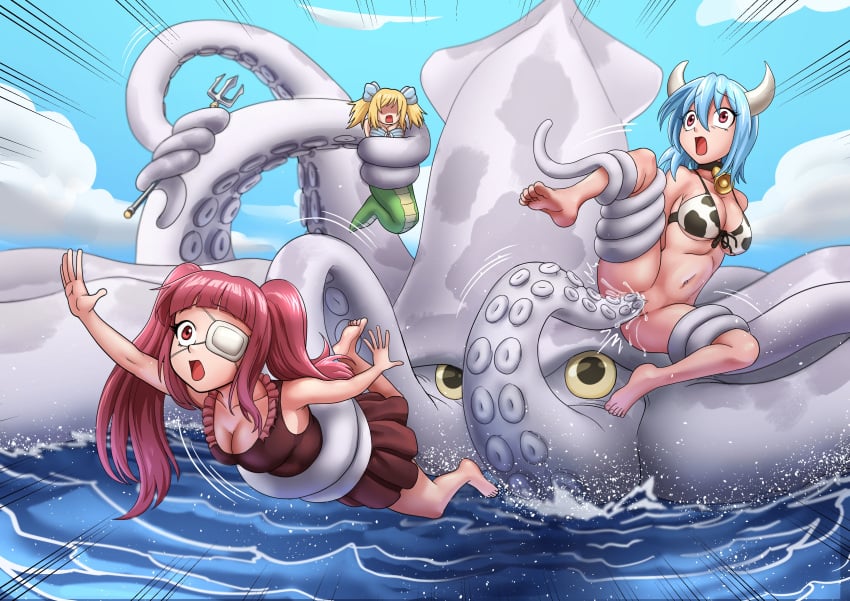 3girls barefoot belly_button bikini bikini_top bikini_top_only blonde_hair blue_hair breasts cleavage collar commission commission_art commissioner_upload cow_girl cow_horns cow_print cowbell cuuki0 eyepatch feet female_ejaculation giant_squid grabbing hair_ribbon hanazono_yurine horns in_water jashin-chan jashin-chan_dropkick kraken lamia large_breasts long_hair minos_(jashin-chan_dropkick) minotaur minotaur_girl monster_girl monster_on_female monster_on_human navel penetration pussy pussy_juice red_eyes red_hair shocked shocked_expression short_hair snake_girl soles squid tagme tentacle tentacle_grab tentacle_penetration tentacle_rape tentacle_sex toes trident twintails water zoophilia