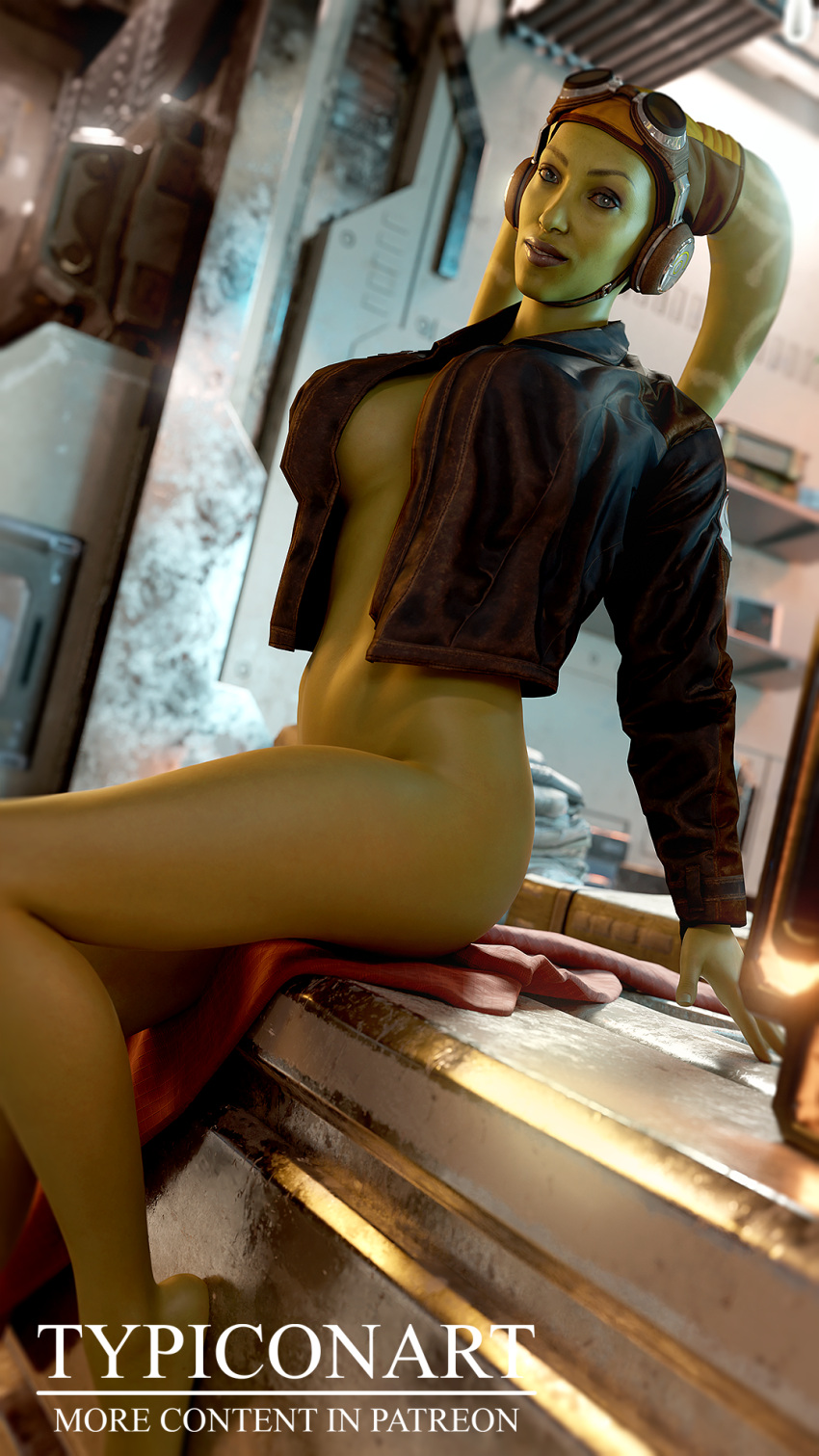 3d alien alien_girl alien_humanoid alone ass blender blender_(software) blender_cycles breasts clothed female foot_fetish green_body green_skin half-dressed half_naked hera_syndulla jacket jacket_only legs lucasfilm naked_female naked_thighhighs naughty naughty_face self_upload sitting smile smiling solo solo_female star_wars star_wars_squadrons twi'lek typiconart