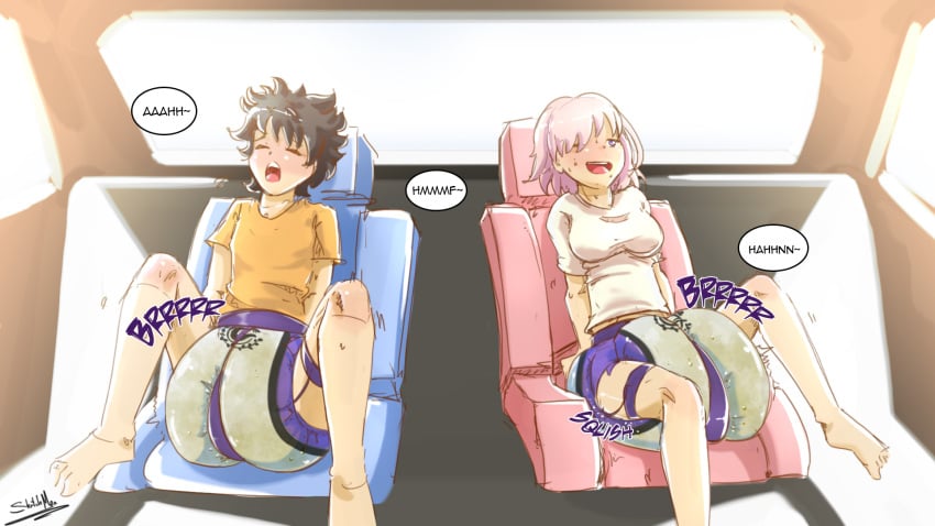 abdl black_hair blue_eyes car_seat cum_in_diaper diaper diaper_fetish fate/grand_order fate_(series) fujimaru_ritsuka_(male) legs_apart mash_kyrielight orgasm_face pink_hair purple_eyes ritsuka_fujimaru road_trip shirt_only sketchmandl vibrator_under_clothes wet_diaper