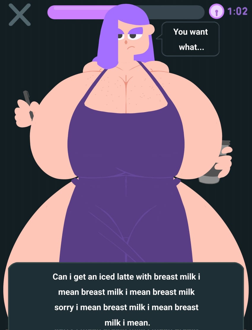 1girls alternate_breast_size apron ass big_ass big_breasts breasts bubble_butt dialogue duolingo english_text female female_only front_view functionally_nude gigantic_breasts huge_breasts iced_latte_with_breast_milk large_breasts lily_(duolingo) massive_breasts no_outlines solo text thick_ass thick_thighs videogamedunky