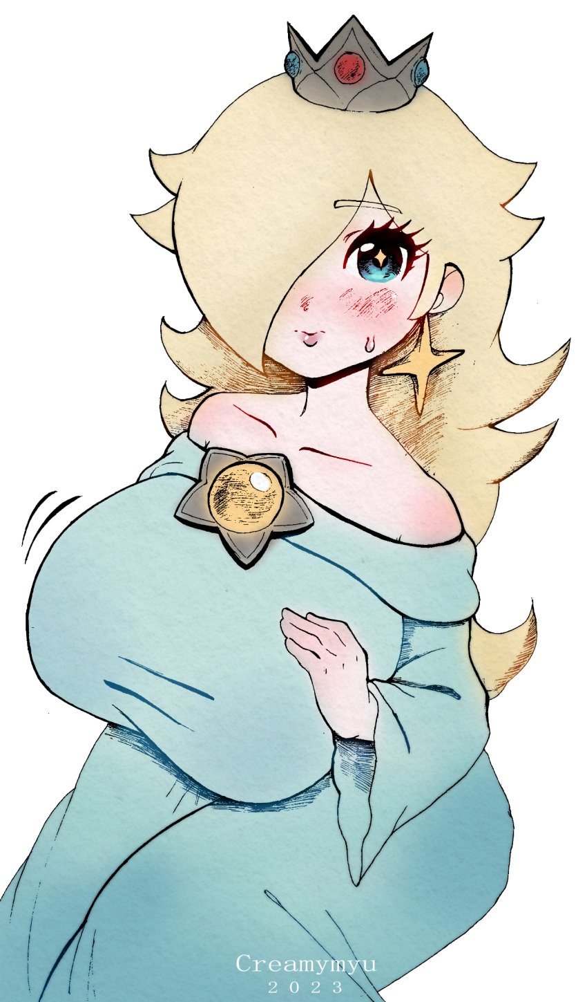 1girls big_breasts blonde_female blonde_hair blonde_hair blue_eyes blush blush blush_lines blushing_at_viewer breasts creamymyu dress female_only hair_over_one_eye light-skinned_female light_skin long_hair looking_at_viewer mario_(series) nintendo princess princess_rosalina thick_ass thick_thighs traditional_media_(artwork)