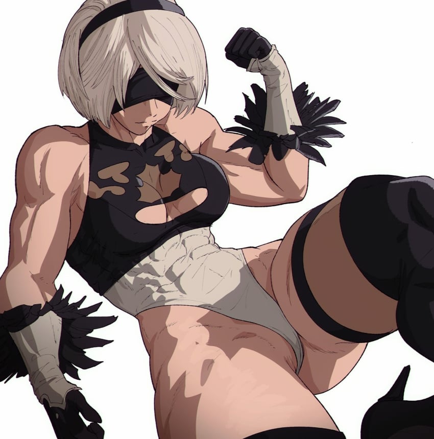 1girls abs android_girl ass_visible_through_thighs bare_arms bare_hips biceps big_breasts black_clothing black_headband blindfold boob_window flexing_bicep gloves hairband high_heels laying_down leotard light-skinned_female muscular_arms muscular_female muscular_thighs nier nier:_automata nier_(series) shorts sleeveless_leotard solo thick_thighs thighhighs white_background white_hair yoracrab yorha_2b