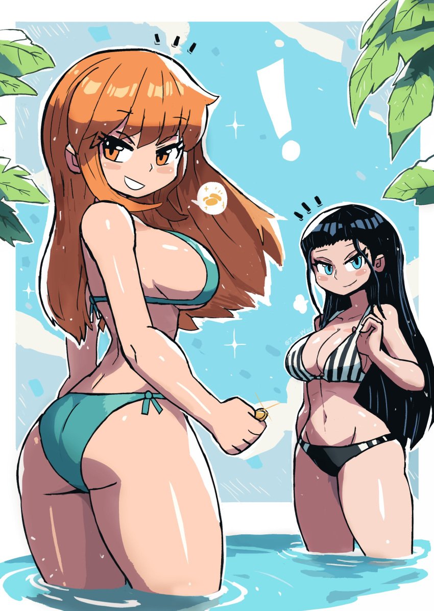 ! 2girls ass bikini bikini_bottom bikini_top black_bikini black_bikini_bottom black_bikini_top black_hair blue_bikini blue_bikini_bottom blue_bikini_top blue_eyes blush blushed blushing_at_viewer cyan_eyes female female_only long_hair long_hair_female looking_at_viewer multiple_girls nami nami_(one_piece) nico_robin one_piece orange_eyes orange_hair palm_tree post-timeskip tagme tony_welt water