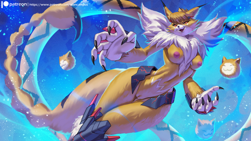 alanscampos anthro areola bandai_namco breasts digimon digimon_(species) domestic_cat felid feline felis female fur genitals hair hi_res looking_at_viewer maine_coon mammal meicrackmon nipples orange_body pussy smile solo