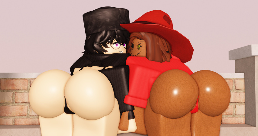 2girls 3d alternate_version_available arsenal_(rolve) ass cakeel cakeel_(character) looking_at_viewer roblox roblox_game robloxian rolve scarecrow_(rolve) showing_ass smiling_at_viewer tagme