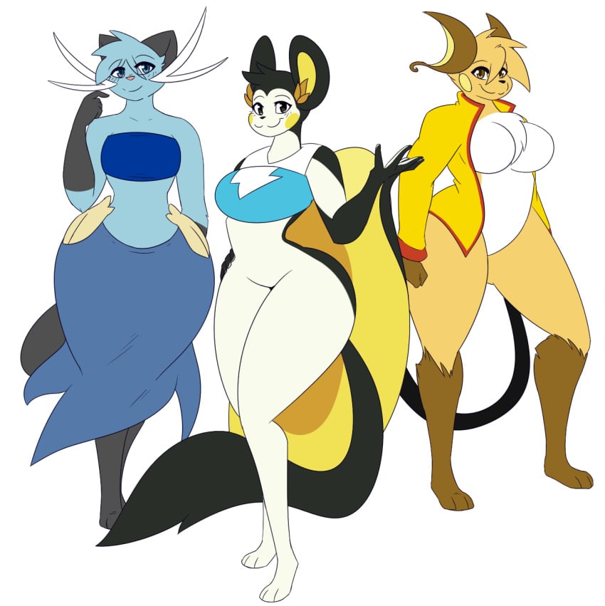 anthro big_breasts breasts dewott dewwydarts dewwydartz emolga furry pokémon_(species) pokemon pokemon_(species) raichu thick_thighs wide_hips