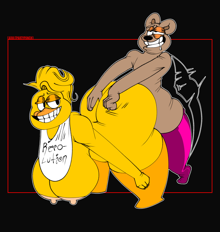 1boy 1girls adultpartypunch bear chica_(fnaf) chubby chubby_male fast_thrusts femboy five_nights_at_freddy's freddy_(fnaf) freddy_fazbear grizzly_bear thigh_highs thrusting toony vaginal_penetration