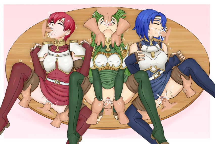 3girls 6+boys 6boys arm_grab armor bare_thighs blue_hair bogar boots catria_(fire_emblem) closed_eyes cum cum_in_mouth cum_in_pussy cum_inside double_penetration elbow_gloves est_(fire_emblem) female_focus fingerless_gloves fire_emblem fire_emblem_echoes:_shadows_of_valentia gloves green_hair group_sex irrumatio leg_grab long_hair medium_breasts mmf_threesome multiple_boys multiple_girls nintendo on_back on_table oral orgy palla_(fire_emblem) pink_background pussy rape red_hair sex short_hair siblings simple_background sisters sleep_molestation sleeping small_breasts spitroast spread_legs table thigh_boots thighs threesome tongue tongue_out uncensored vaginal_penetration vaginal_sex very_short_hair