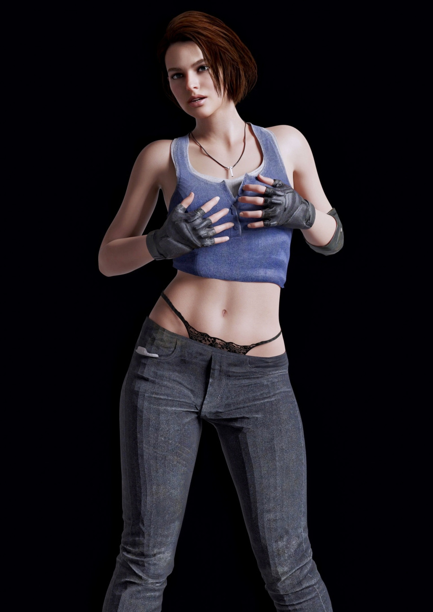 1girls 3d 3d_(artwork) agent_4_tea_se7en athletic athletic_female belly belly_button black_jeans black_panties black_underwear blue_shirt blue_tank_top blue_topwear brown_hair crop_top cropped_shirt elbow_pads exposed_panties exposed_thong exposed_underwear female female_focus female_only fingerless_gloves fit_female flashlight gloves hands_on_breasts jeans jill_valentine jill_valentine_(sasha_zotova) lace-trimmed_panties lace_panties lace_thong light-skinned_female light_skin midriff midriff_baring_shirt necklace pale-skinned_female pale_skin panties panties_showing panty_peek pendant pinup posing posing_for_the_viewer resident_evil resident_evil_3 resident_evil_3_remake short_hair sleeveless sleeveless_shirt small_breasts small_waist tank_top thick_thighs thong thong_above_pants thong_panties thong_peek thong_showing thong_straps thong_underwear touching_breast touching_breasts tummy undershirt underwear white_undershirt