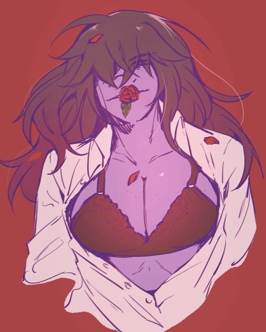 1girls anthro anthro_only bra breasts cleavage deltarune female female_anthro female_only flower flower_in_mouth hair_over_eyes kosafordraw long_hair purple_body purple_skin red_background rose rose_in_mouth rose_petals sensual simple_background solid_color_background solo solo_anthro solo_female susie_(deltarune) susie_(light_world_form) unbuttoned unbuttoned_shirt undertale_(series) upper_body