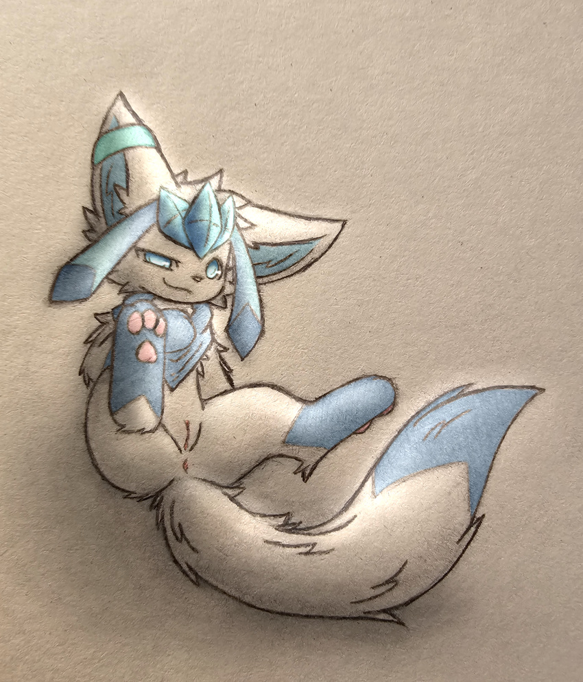 absurd_res anus ass del_(artist) eeveelution female feral fluffy fluffy_tail fresca_(icyfresca) generation_4_pokemon genitals glaceon hi_res nintendo pawpads paws pokemon pokemon_(species) pussy scarf smug smug_face solo solo_focus tail tail_tuft tuft