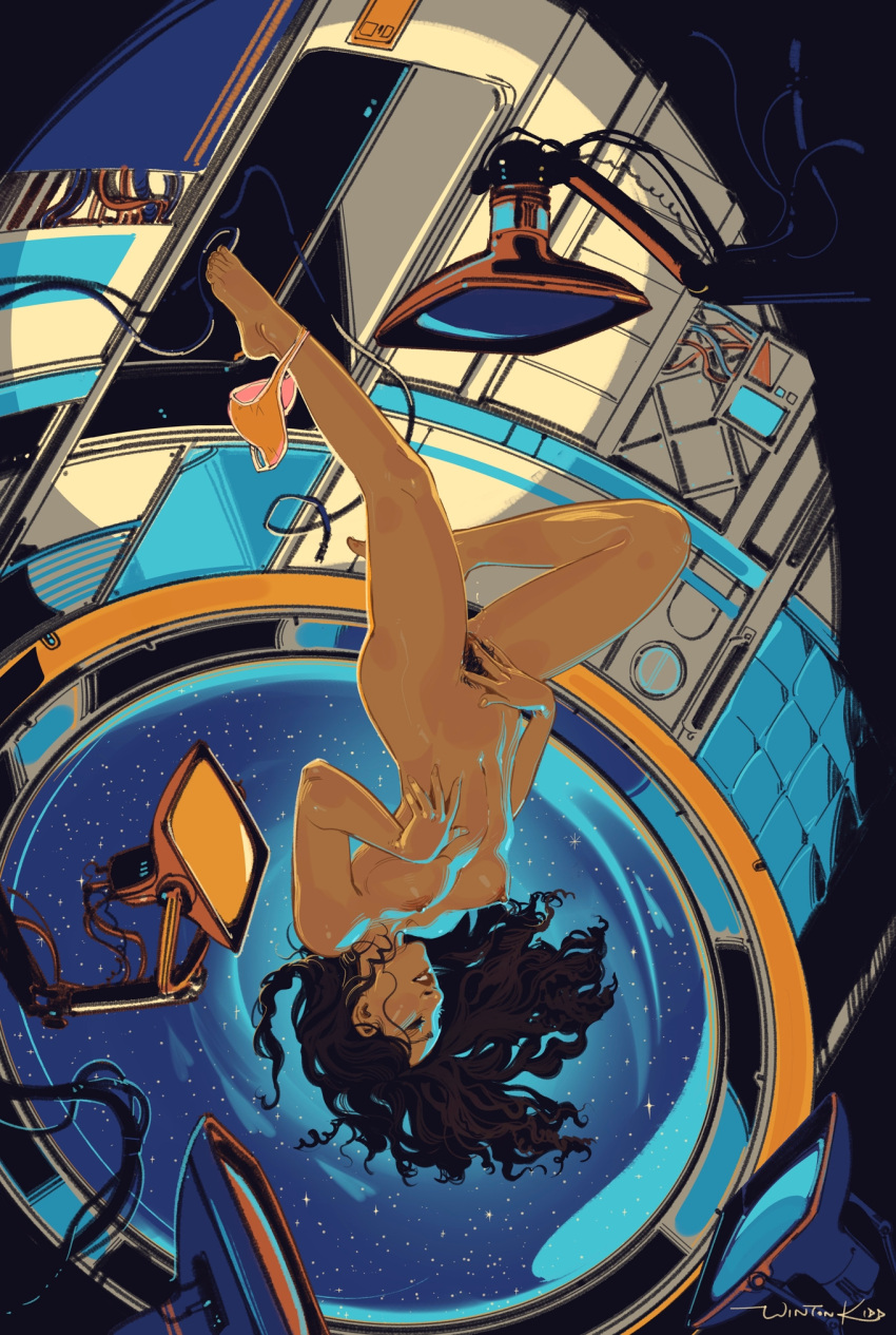 breasts dark-skinned_female nude_female panties panties_around_one_leg solo_female space spacecraft upside-down wintonkidd zero_gravity