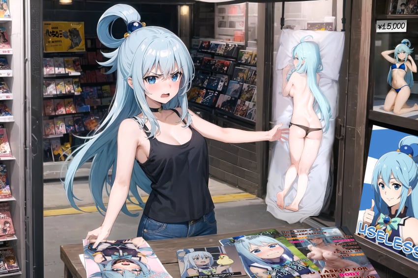 1girls ai_generated angry anime_style ap2-ai-artist aqua_(konosuba) blue_eyes blue_hair body_pillow bodypillow choker dakimakura doujinshi_cover female female_only figurine hair_ornament hair_rings hi_res high_resolution jeans kono_subarashii_sekai_ni_shukufuku_wo! long_hair medium_breasts meme solo tank_top