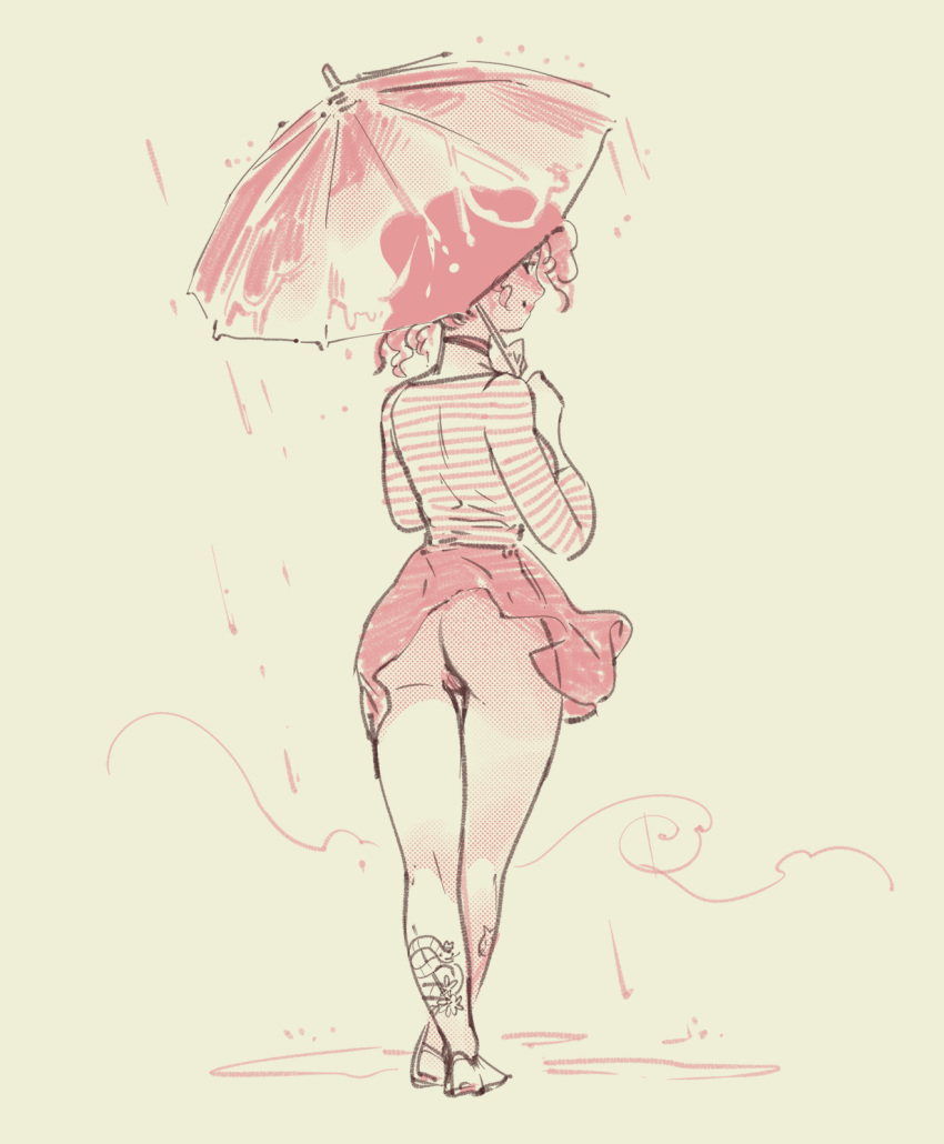 1girls adventure_time ass full_body looking_at_viewer looking_back looking_back_at_viewer miniskirt no_panties outdoors pink_body pink_hair pink_skin princess_bubblegum pussy rain raining skirt standing tattoo umbrella wind_lift wintonkidd