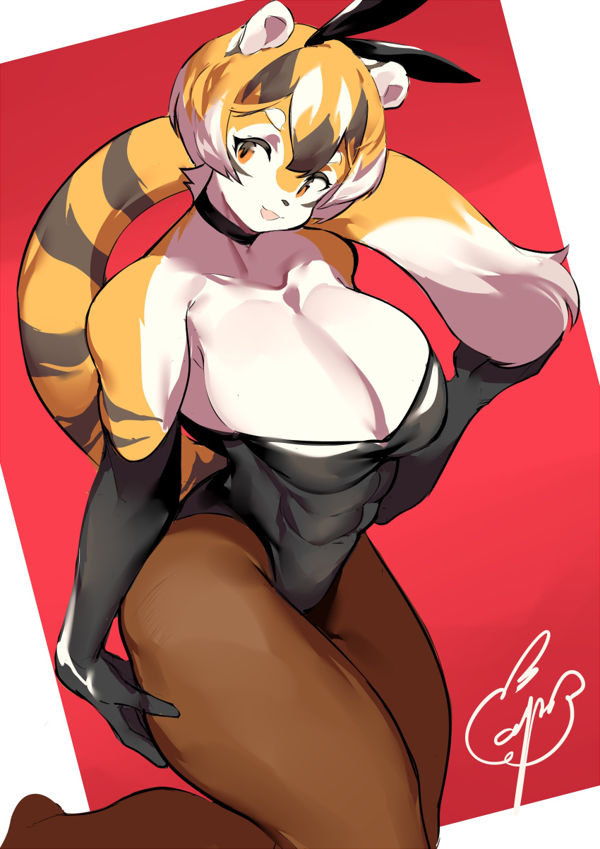 anthro big_breasts breasts bunny_ears bunny_girl bunnysuit choker cleavage elbow_gloves female leotard looking_at_viewer mei_xiang mx99926 oc original_character pantyhose short_hair smile smiling smiling_at_viewer striped striped_body striped_fur stripes tail thick_thighs tiger_ears tiger_girl tiger_stripes tiger_tail tights wide_hips