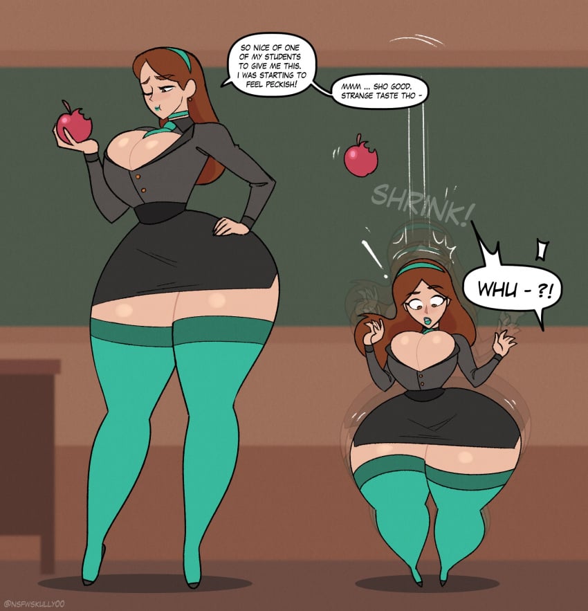 apple_butt apple_in_mouth ass ass_bigger_than_head ass_cleavage ass_expansion big_ass big_breasts bimbo boob_window breast_expansion breasts_bigger_than_body breasts_bigger_than_torso breasts_out breasts_out_of_clothes brown_eyes brown_hair chalkboard classroom clothed comic comic_panel eating english_text expansion expansion_sequence female female_only hips hips_grab hips_in_air hips_wider_than_shoulders huge_ass huge_breasts huge_thighs ms_barrett original_character school school_uniform shortstack shortstackification shrink shrinking simple_background skirt tagme tagme_(artist) tagme_(character) teacher teacher_clothing teacher_outfit text thigh_boots thigh_gap thigh_highs thighhigh_boots thighhighs thighs tight_clothes tight_clothing tight_dress transformation transformation_sequence zetaskully