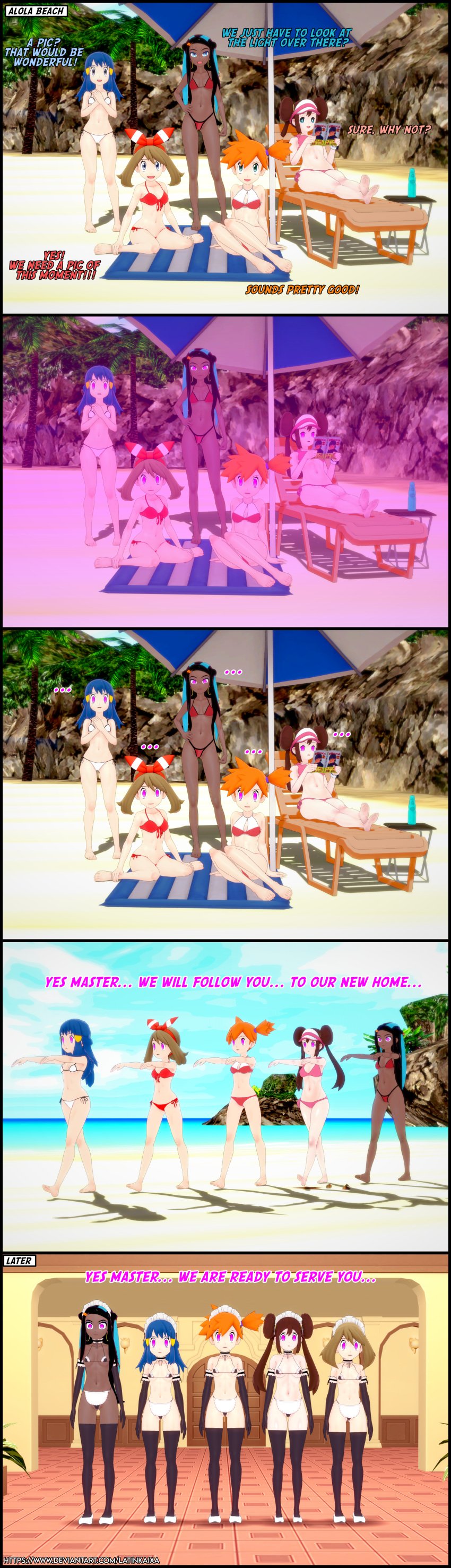 3d 5girls beach before_and_after bikini blue_hair dark_skin dawn_(pokemon) empty_eyes english_text female female_only femsub gloves harem hypnosis kasumi_(pokemon) latinkaixa maid may_(pokemon) may_(pokemon_oras) mind_control multiple_girls nessa_(pokemon) nintendo opera_gloves orange_hair pink_eyes pokemon pokemon_bw2 pokemon_dppt pokemon_oras pokemon_rgby pokemon_ss purple_eyes rosa_(pokemon) skirt standing standing_at_attention text thighhighs twintails zombie_walk