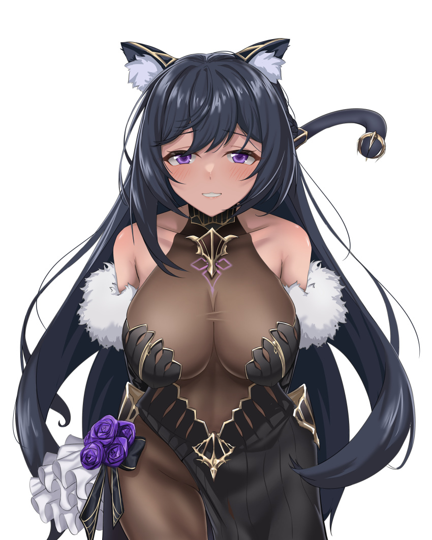 1girls :3 absurdres animal_ear_fluff animal_ears arms_behind_back bare_shoulders black_dress black_ribbon blue_hair blush bodystocking braid breasts carmen_(counter:side) cat_ears cat_girl cat_tail chest_tattoo cleavage collarbone commentary counter:side cowboy_shot dark-skinned_female dark_blue_hair dark_skin dress female female_only flower fur_trim gold_trim grin groin highres korean_commentary large_breasts leaning_forward light-skinned_female light_skin long_hair looking_at_viewer purple_eyes purple_flower raised_eyebrows ribbon royalmonkey side_slit simple_background smile solo tail tail_ornament tattoo transparent_background very_long_hair