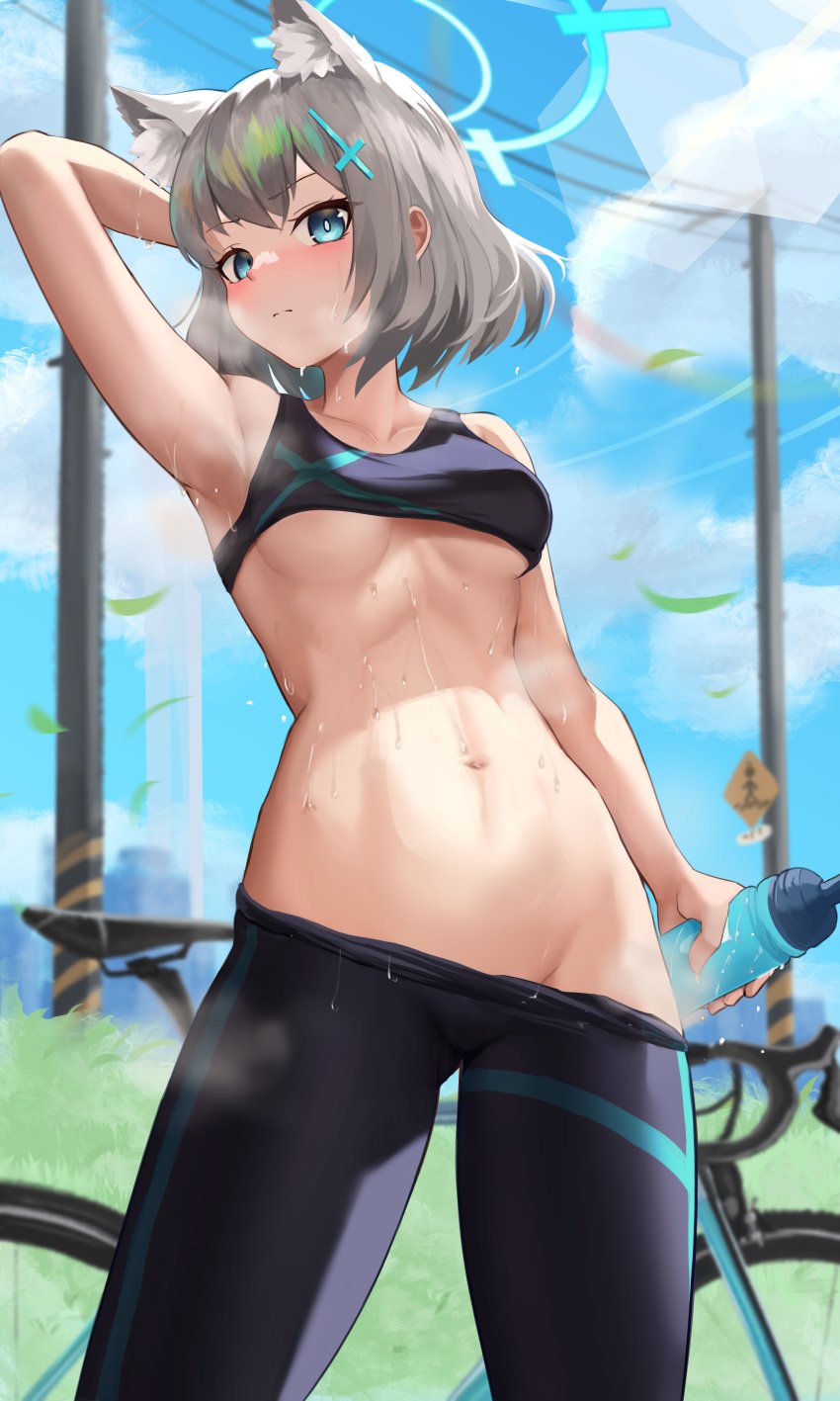 1girls abydos_high_school_student arm_up armpits athletic athletic_female belly belly_button blue_archive blue_eyes blush crotch_lines grey_hair halo heavy_breathing hi_res jixo_(user_nzhc8728) leggings leggings_pull light-skinned_female light_skin looking_at_viewer medium_breasts medium_hair navel one_arm_up outdoors outside panting raised_arm shiroko_(blue_archive) sports_bra sports_bra_lift sportswear steam steaming_body steamy_breath stomach sweat sweating sweaty sweaty_body thick_thighs thighs underboob visible_breath wolf_ears wolf_girl