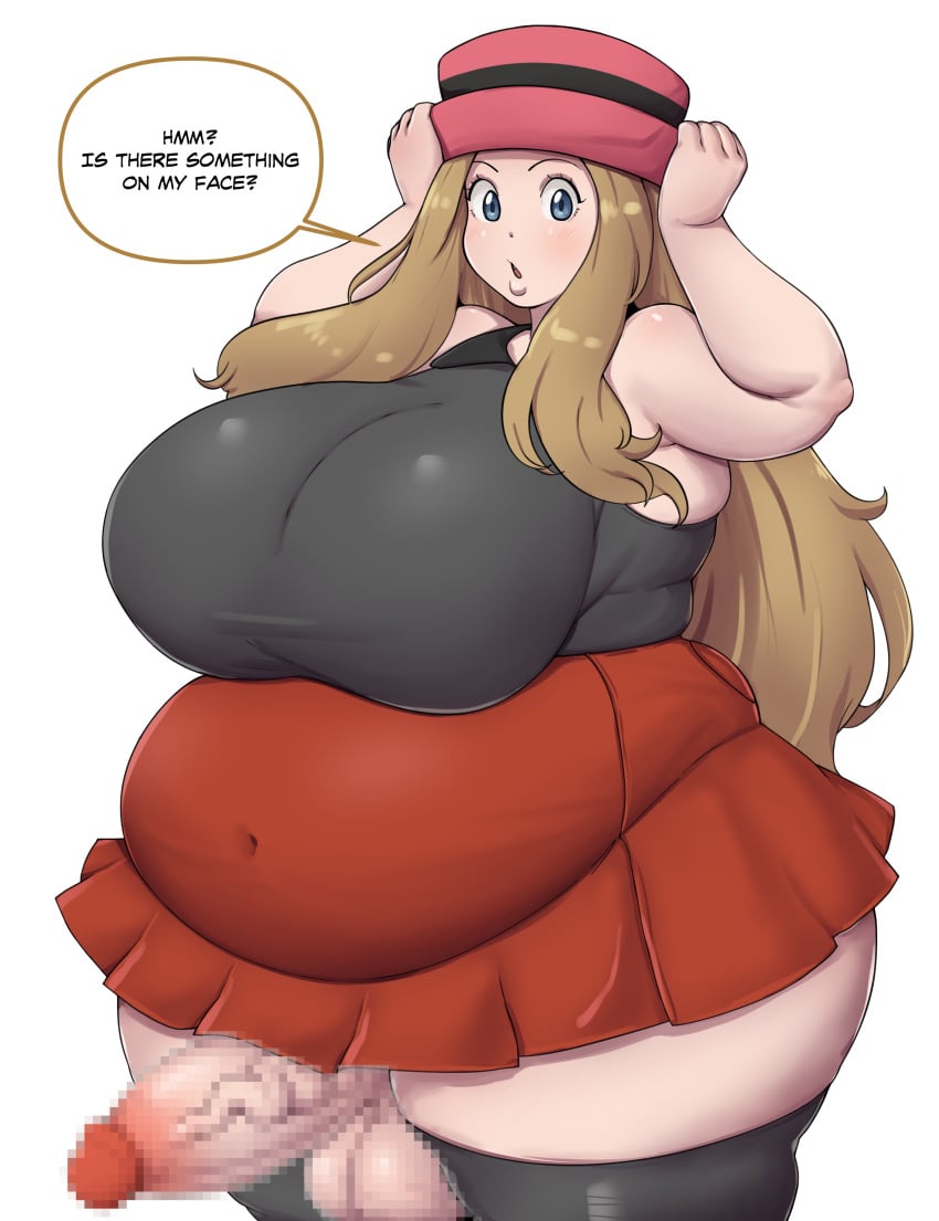 1futa balls bbw blonde_hair bottomless breasts censored clothed clothing dialogue english_text erection fat futa_only futanari human light-skinned_futanari light_skin long_hair mosaic_censoring mostly_clothed obese overweight overweight_futanari penis pokemon pokemon_xy serena_(pokemon) short_stack solo standing text tsugoi6969