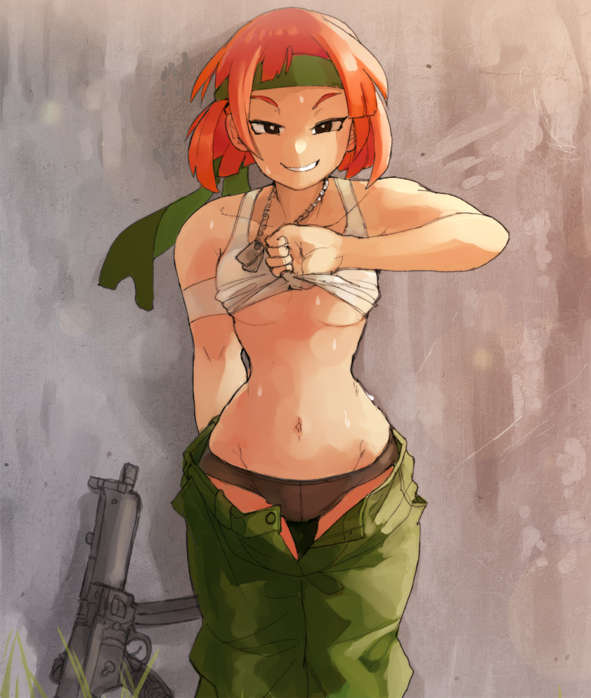 1girls 2023 advance_wars dog_tags female female_only gelidspace gun highres light-skinned_female light_skin looking_at_viewer medium_breasts orange_hair panties pants removing_clothing sami trousers underwear undressing