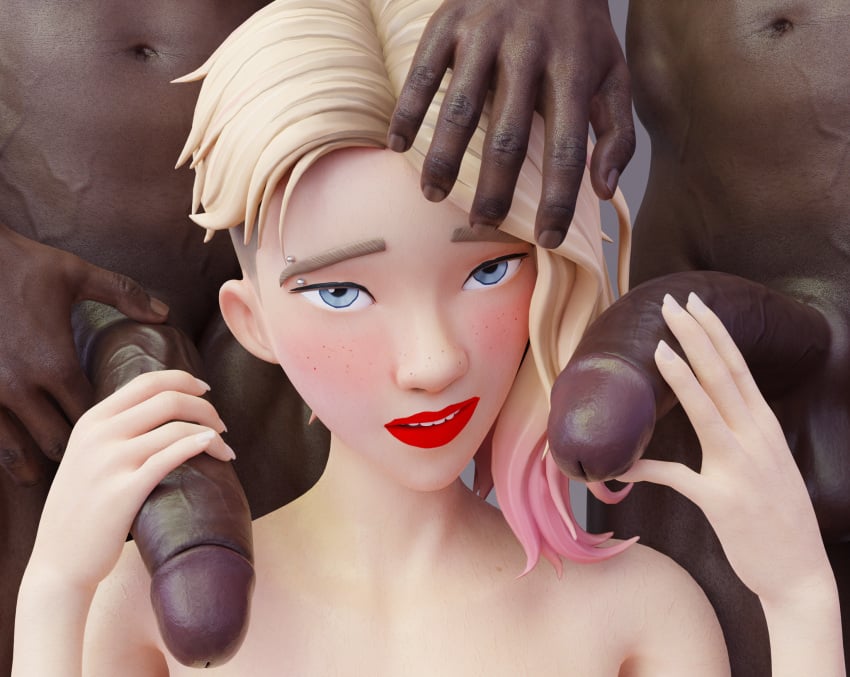 1girls 2boys 3d abs black_penis blonde_hair blush blushing_at_viewer body_veins dark-skinned_male dark_skin erection eyebrow_piercing female gland gwen_stacy hands_on_head hands_on_penis human human_only imminent_oral imminent_sex interracial light-skinned_female light_skin long_penis looking_at_viewer male marvel marvel_comics multiple_boys muscular muscular_male penis spider-man spider-man_(series) straight teasing thick_penis threesome veiny_penis