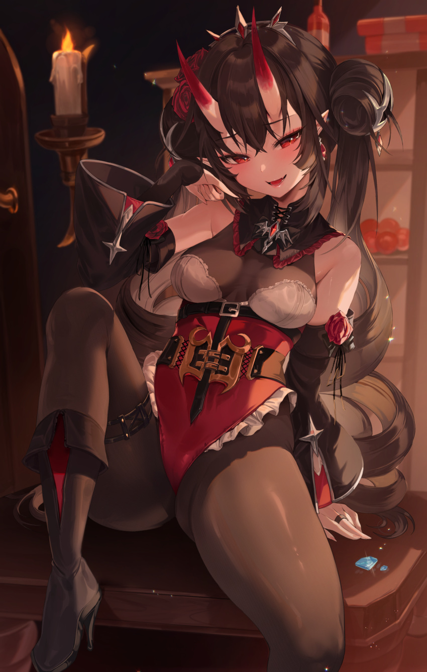 1girls blush boots brat breasts brown_hair clothed clothing confident detached_sleeves diamond female female_only heel_boots indoors jewels light-skinned_female light_skin looking_at_viewer medium_breasts monster_girl on_desk oni oni_female oni_horns original pointy_ears red_eyes shoes sitting sitting_on_desk solo tiara zerocat