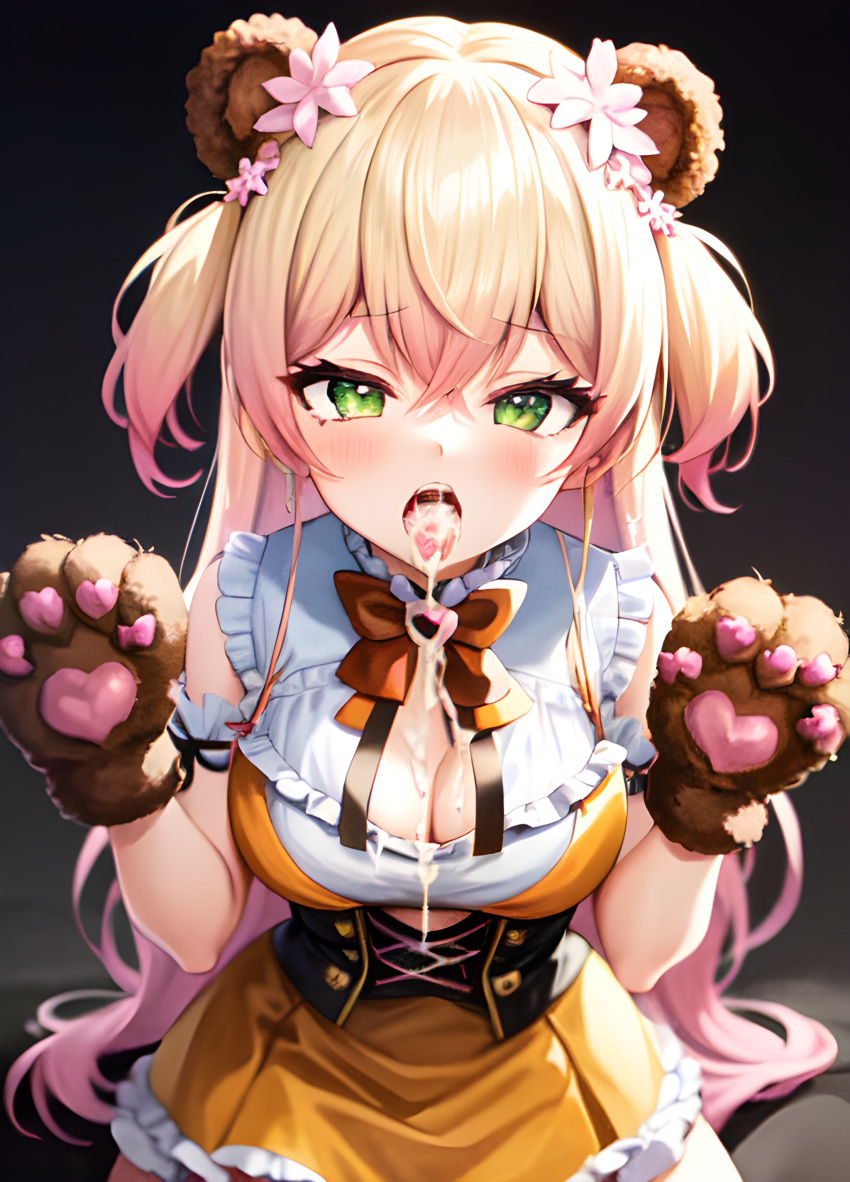 ai_generated bear_paws blush cleavage cum cum_in_mouth cum_on_breasts hololive kneeling momosuzu_nene open_mouth stable_diffusion tongue_out virtual_youtuber