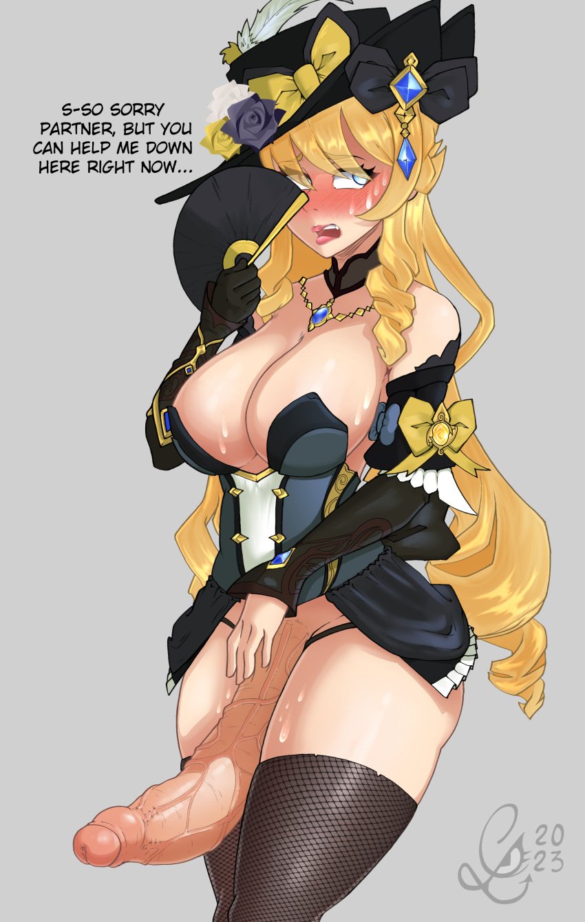 1futa balls big_breasts big_penis blonde_hair bottomless breasts clothed clothing corset curved_penis digital_media_(artwork) erection fan fishnet fishnets futa_only futanari genshin_impact glasc hat hat_ornament horny huge_cock human inviting large_penis light-skinned_futanari light_blue_eyes light_skin long_hair navia_(genshin_impact) partially_clothed penis simple_background solo standing text thick_thighs thighhighs thighs uncensored veiny_penis wide_hips