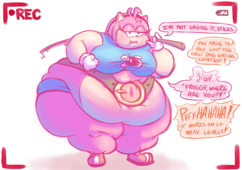 1girls amy_rose anthro ass bbw belly belt breasts english_text fat female female_focus female_only fishing_pole fishing_rod furry gloves hairband hedgehog hedgehog_humanoid hips large_ass large_belly large_breasts overweight overweight_female pink_fur pink_hair recording sega shorts solitaryscribbles sonic_(series) sonic_the_hedgehog_(series) stomach sweat sweaty text text_bubble thick_thighs thighs wardrobe_malfunction weight_gain wide_hips