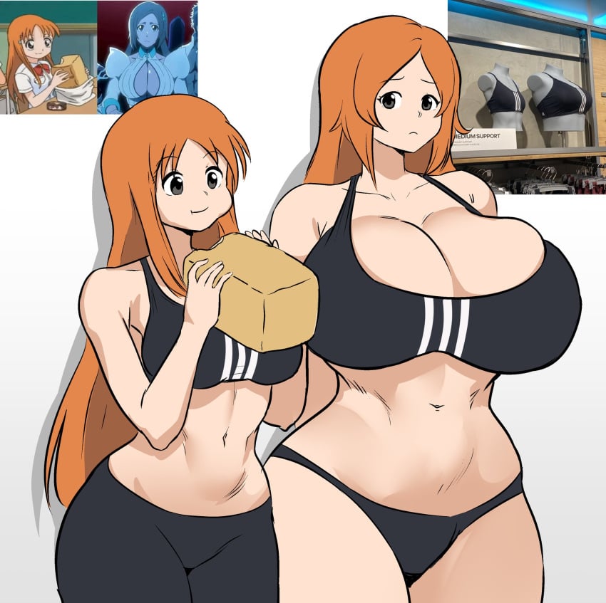 alternate_breast_size ass_length_hair before_and_after big_hips black_bra black_panties black_underwear bleach bleach:_the_thousand-year_blood_war bra bread breast_comparison cleavage clothed clothed_female comparing_breasts dual_persona eating enormous_breasts female female_only gigantic_breasts hips hourglass_figure huge_breasts ichigo_kurosaki inoue_orihime large_breasts large_hips long_hair massive_breasts medium_support_(meme) meme midriff miruyuyo panties thick_thighs thighs top_heavy underwear upper_body venus_body very_long_hair wide_hips