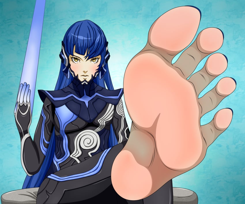 1boy barefoot blue_hair feet feetartist femboy foot_fetish foot_focus girly long_hair male male_only maledom nahobino_(smt) protagonist_(shin_megami_tensei_v) shin_megami_tensei solo toenail_polish