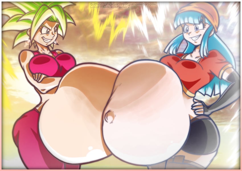 1girls 2girls ass belly belly_to_belly big_ass big_belly big_breasts blackoutsiderz blue_hair bra_(dragon_ball) bra_briefs brapan breasts dragon_ball dragon_ball_gt dragon_ball_super female female_pred fusion green_hair hand_on_hip huge_belly kefla large_breasts legendary_super_saiyan outie_navel pan_(dragon_ball) petite same_size_vore smile super_saiyan super_saiyan_2 thick_thighs thighhighs vore