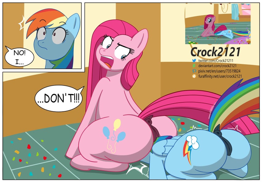 2girls animal_pussy anus ass big_butt crock2121 crock21211 cutie_mark deviantart_url english_text equine_anus equine_pussy female feral furry my_little_pony pink_hair pinkamena_(mlp) pinkie_pie_(mlp) pussy rainbow_dash_(mlp) straight_hair text twitter_link url yuri