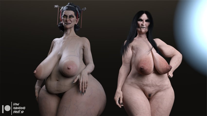 2girls 3d 3d_(artwork) areolae asian asian_female ayame_takahashi_(lhf3d) belly belly_button big_breasts black_hair black_lips black_lipstick black_toenails breasts daz3d daz_studio duo duo_female duo_focus edna_church_(lhf3d) elderly_female evil_eyes feet gilf granny hag japanese large_areolae large_breasts long_hair looking_at_viewer low-angle_view lowhangingfruit3d_(artist) mature mature_female nipples old older_female original_character pale-skinned_female pale_skin pinup pussy sagging_breasts spirit thick_thighs thighs toe_claws toes ugly ugly_female ugly_woman veiny veiny_breasts very_old_female witch