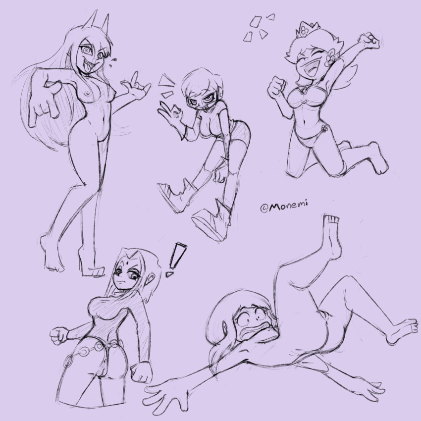 anus ass breasts chainsaw_man cheelai crossover dc dragon_ball embarrassed female floating mario_(series) monemi monochrome multiple_girls my_hero_academia nude ochako_uraraka power_(chainsaw_man) princess_daisy pussy raven_(dc) sketch teen_titans