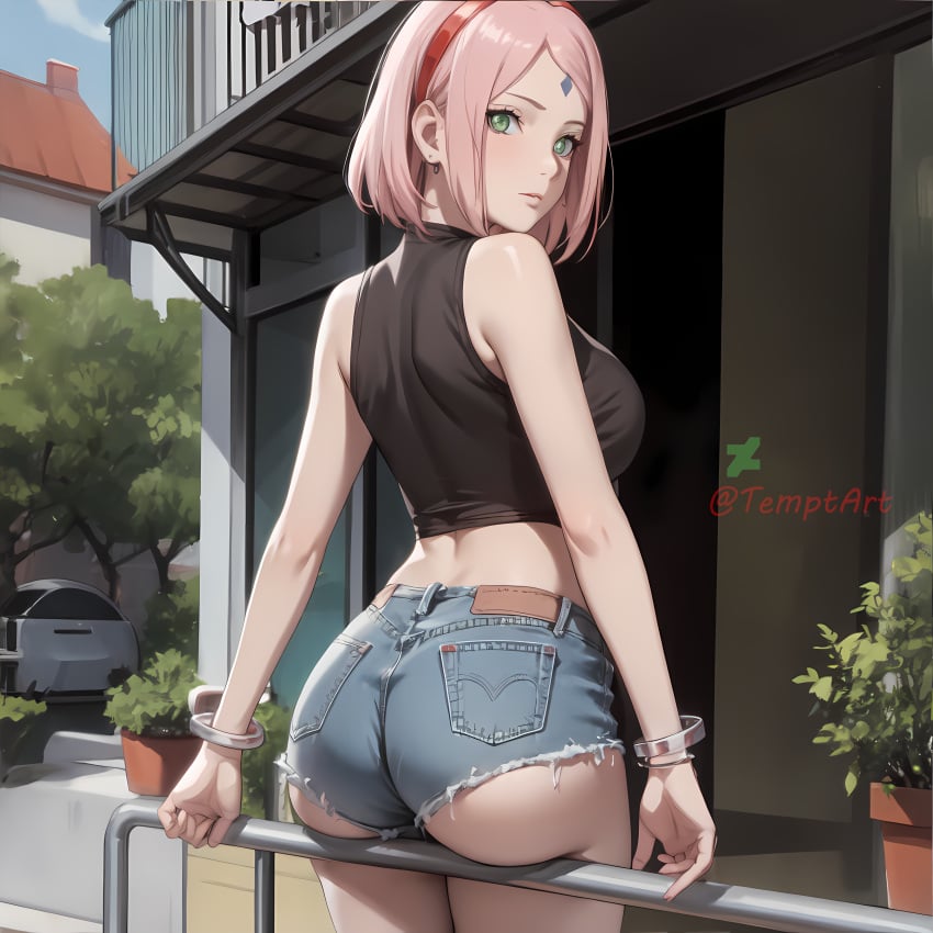 1girls ai_generated alternate_costume arm_support ass ass_focus ass_support back_view bare_legs bare_shoulders bare_thighs bob_cut boruto:_naruto_next_generations bracelet bubble_ass bubble_butt crop_top denim denim_shorts deviantart_logo deviantart_username earrings facial_mark female female_only forehead_mark from_behind green_eyes hair_ornament hairband holding_object jewelry light-skinned_female light_skin looking_at_viewer looking_back looking_back_at_viewer mature mature_female milf nai_diffusion naruto naruto_(series) nice_ass outdoors pale-skinned_female pale_skin petite pink_hair presenting presenting_ass presenting_hindquarters railing rear_view revealing_clothes sakura_haruno short_hair short_shorts shorts shoulder_length_hair sideboob skimpy skimpy_clothes sleeveless solo solo_focus stable_diffusion tank_top temptart thick_ass thighs underass url watermark web_address