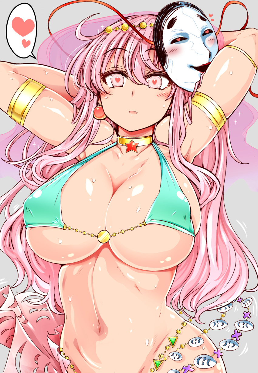 1girls arm_strap armlet armpits arms_up belly_button belly_dancer belly_dancer_outfit bikini bikini_top_only blush breasts cleavage dancer dancer_outfit earrings harem_outfit hata_no_kokoro heart-shaped_pupils huge_breasts jewelry large_breasts long_hair looking_at_viewer mask mask_on_head micro_bikini navel noh_mask pink_eyes pink_hair roki_(hirokix) sweat swimsuit symbol-shaped_pupils touhou underboob