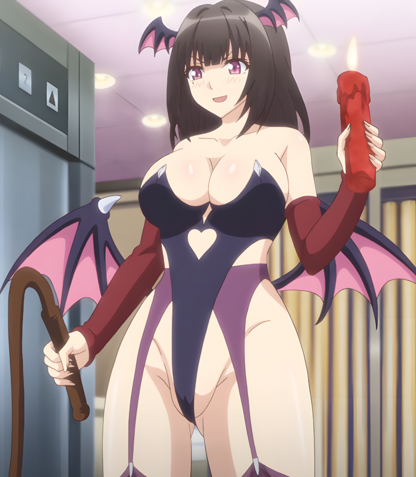 1girls big_breasts black_hair blush breasts candle clothed clothing conscious cosplay cosplay_change:_pure-kei_joshidaisei_no_kiken_na_seiheki costume demon_wings female female_only heart holding holding_object huge_breasts legs lingerie looking_down medium_hair purple_eyes revealing_clothes screencap succubus thick_thighs thighhighs thighs vampire whip white_skin