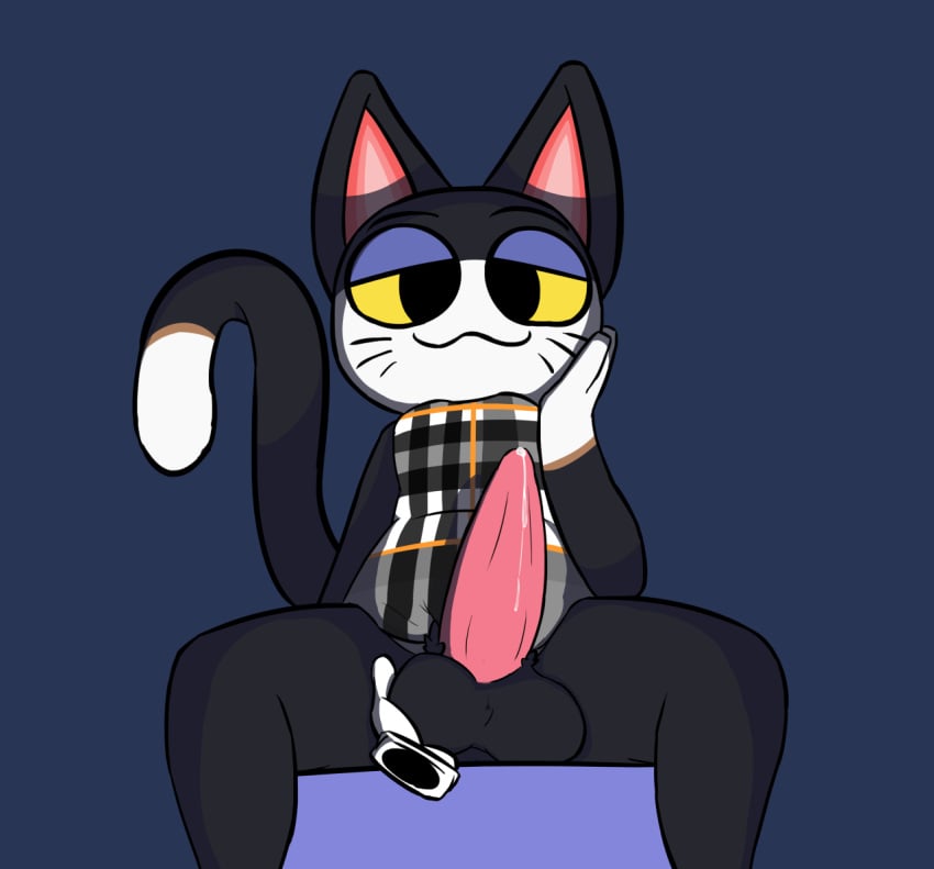 animal_crossing anthro ball_fondling ball_holding balls bodily_fluids disembodied_hand domestic_cat duo erection felid feline felis fondling genital_fluids genitals half-closed_eyes hand_on_cheek male male_only mammal narrowed_eyes nintendo penis precum precum_on_penis punchy_(animal_crossing) rabblet sitting smile solo_focus solo_male tail