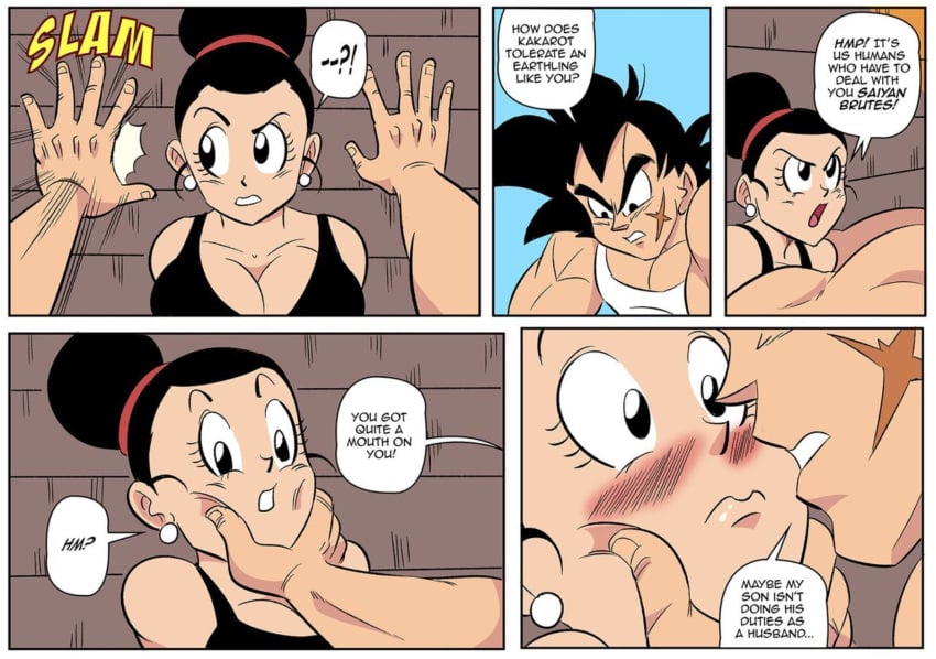 1boy 1girls bardock blush chichi comic confused dragon_ball dragon_ball_super dragon_ball_z english_text funsexydragonball imminent_kiss part_2 swimsuit