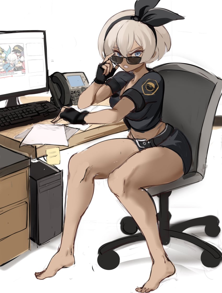 1girls barefoot bea_(pokemon) belt black_crop_top black_shorts blue_eyes chair computer computer_keyboard computer_monitor crop_top desk fingerless_gloves gloves grey_hair hairband keyboard looking_at_viewer nintendo office office_chair office_desk papers phone pokemon pokemon_ss police police_uniform policewoman rakeemspoon short_hair shorts sitting tagme