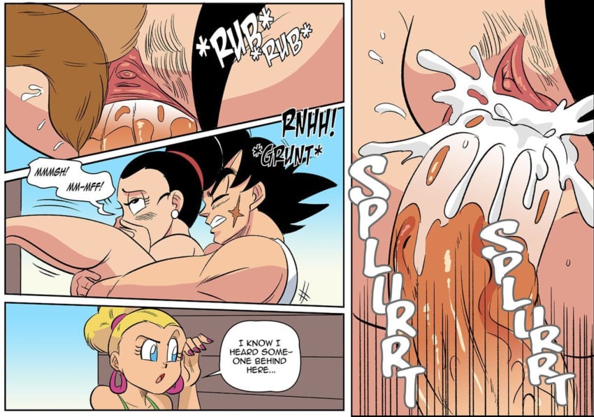 1boy 2girls bardock chichi comic cumming dragon_ball dragon_ball_super dragon_ball_z english_text funsexydragonball hand_over_mouth part_2 rubbing_pussy swimsuit tail