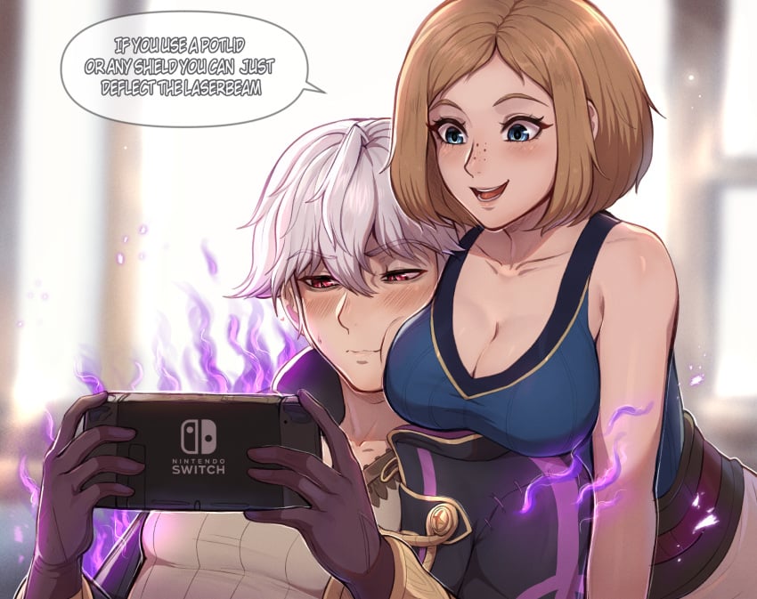 1boy 1girls blue_eyes blush breast_rest breast_smother breasts brown_hair cleavage collarbone english_text evomanaphy female fire_emblem fire_emblem_awakening fire_emblem_heroes freckles grey_hair grima_(fire_emblem) handheld_game_console highres holding holding_handheld_game_console kiran_(female)_(fire_emblem) kiran_(fire_emblem) large_breasts male nintendo_switch open_mouth red_eyes robin_(fire_emblem) robin_(fire_emblem)_(male) short_hair smile speech_bubble text