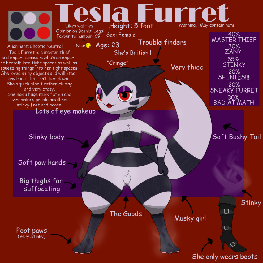 anthro fan_character female foot_fetish fur furret generation_2_pokemon genitals hi_res model_sheet musk nintendo paws pokemon pokemon_(species) pussy red_eyes short_stack solo striped_body striped_fur stripes tesla_arts tesla_furret text